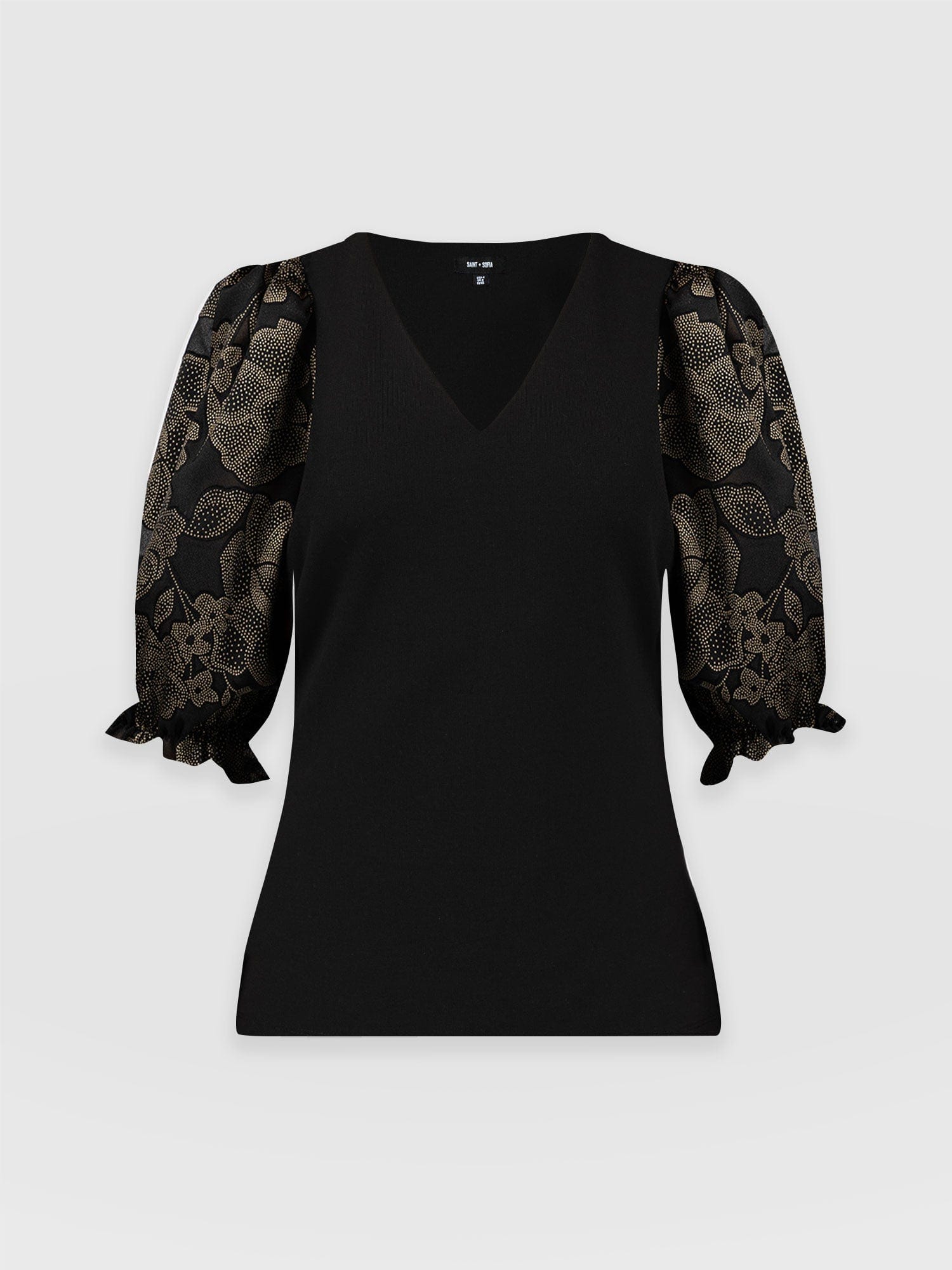 Tori Puff Sleeve Top - Black & Gold Floral Burnout